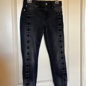 Express, cool lace up front detail, stretch distress jeans size 4